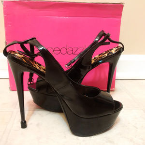 Black Ankle Strap Patent Peep Toe Pumps
